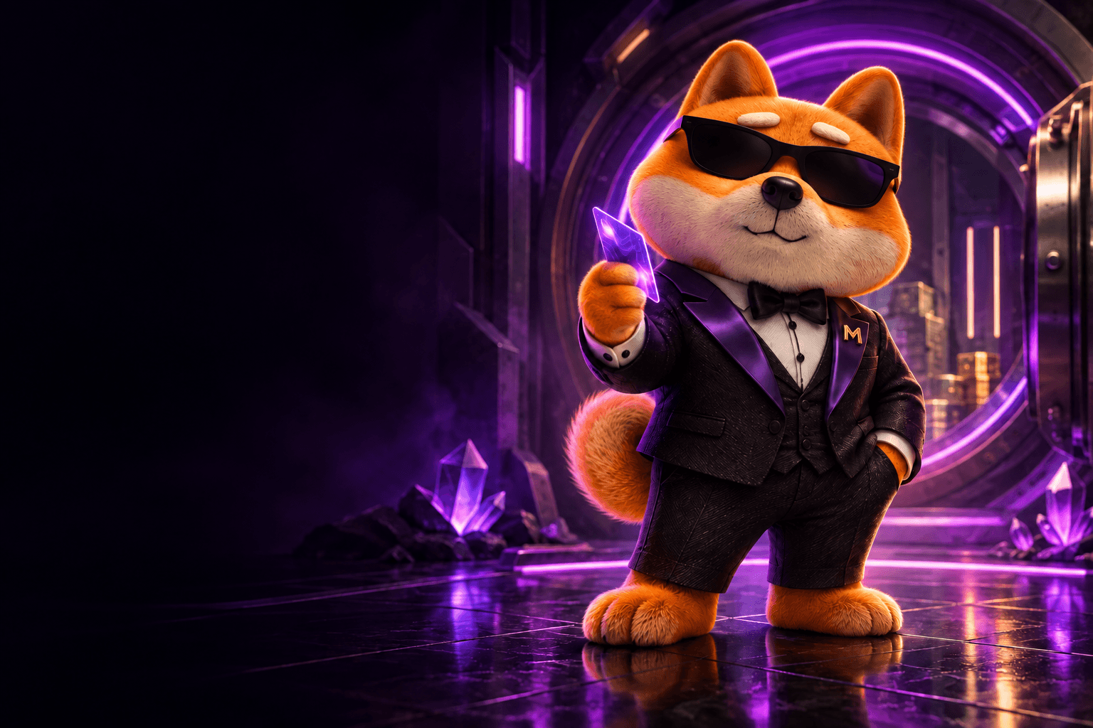 Mati, a ginger Shiba in a tuxedo, by a glowing vault